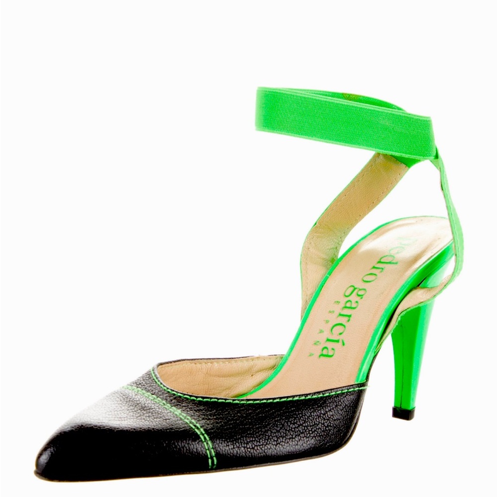 Pedro Garcia Leather Grosgrain Trim D’Orsay neon lime green heels pumps